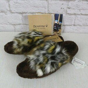 New BEARPAW Leopard Band Slippers Faux Fur Shaggy